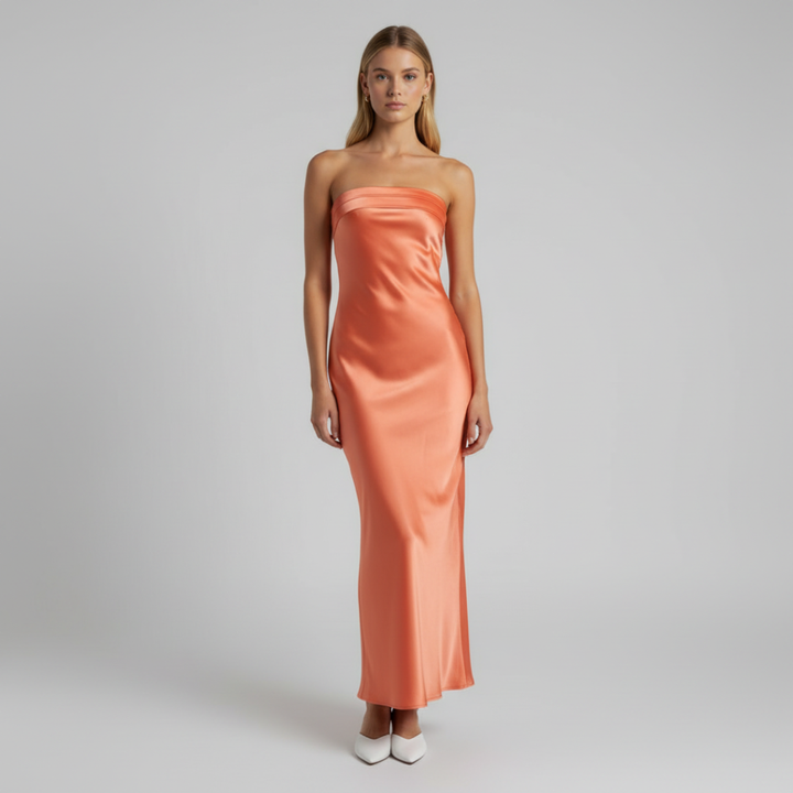 Rochie Maxi cu Decolteu Drept și Suprafață Satinată