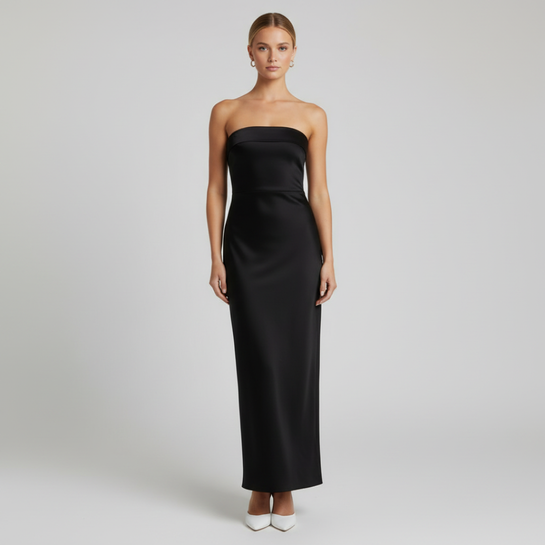 Rochie Maxi cu Decolteu Drept și Suprafață Satinată