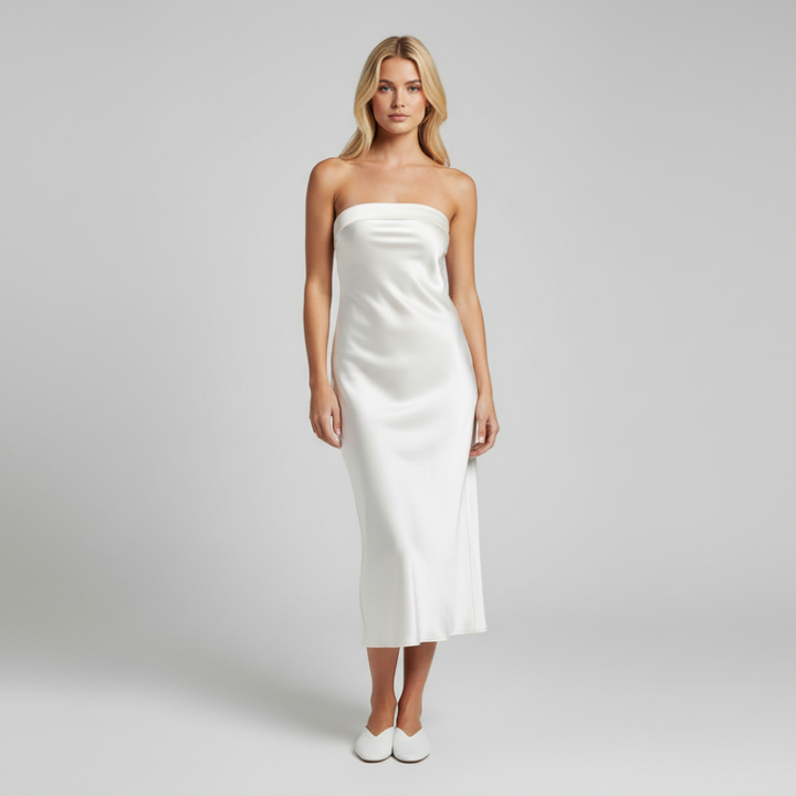 Rochie Maxi cu Decolteu Drept și Suprafață Satinată