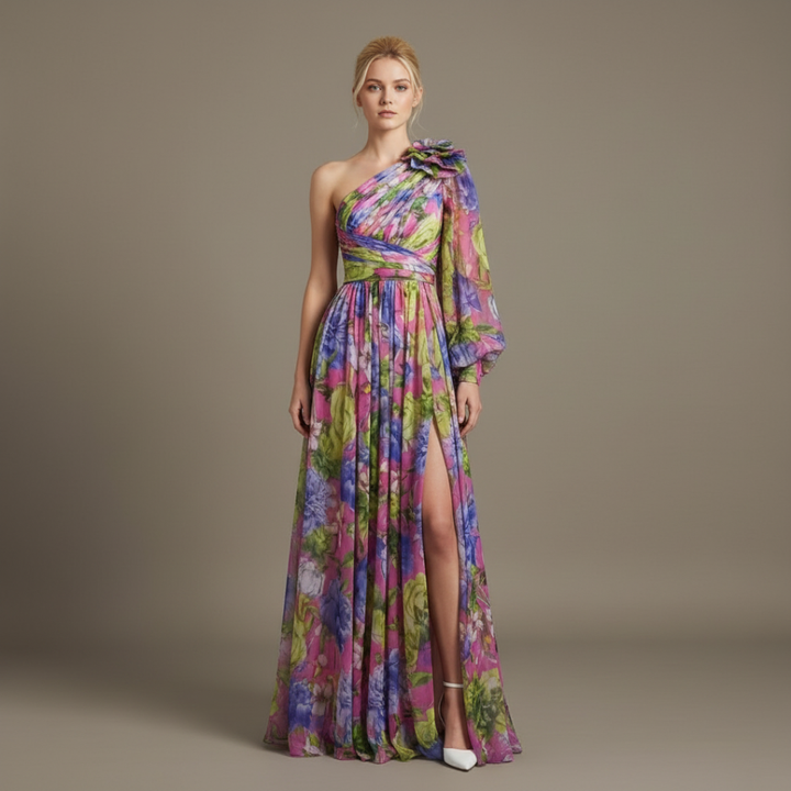 Rochie Lungă Asimetrică cu Imprimeu Floral pentru Femei