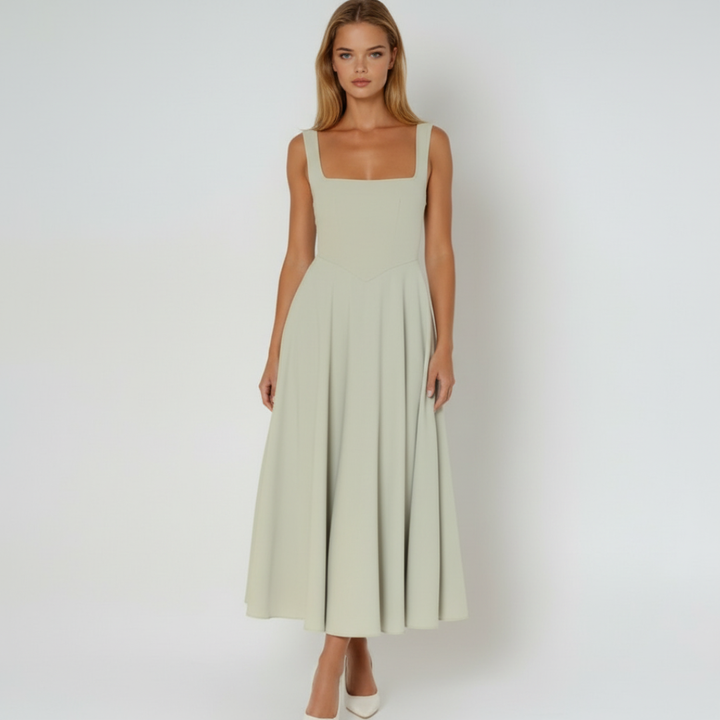 Rochie Midi cu Decolteu Pătrat și Bretele Late