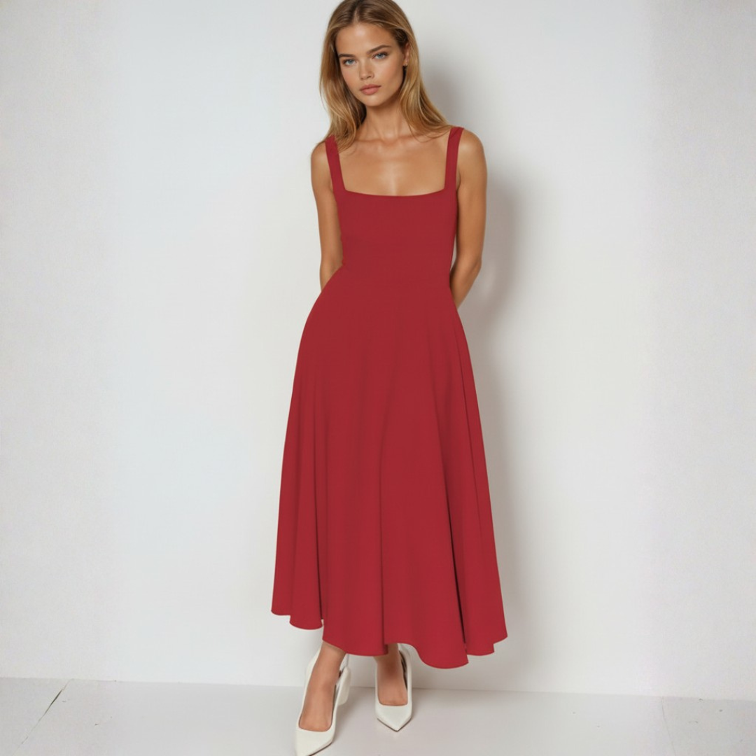 Rochie Midi cu Decolteu Pătrat și Bretele Late